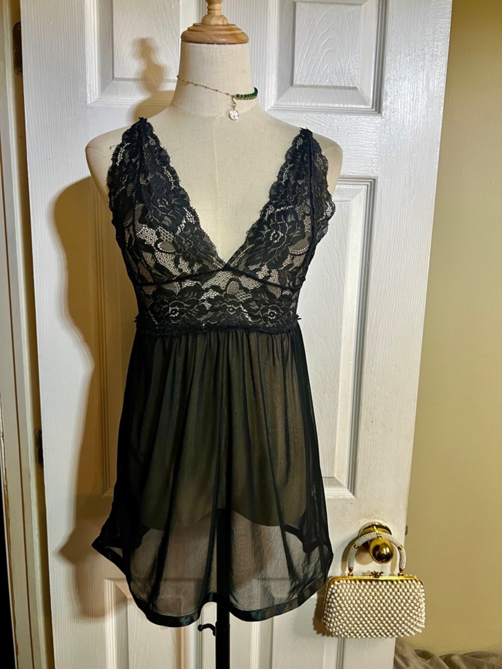 Avid Love Wms Black Lace Mesh Sheer Babydoll Chemise‎ Back Slit Nightie Dress S